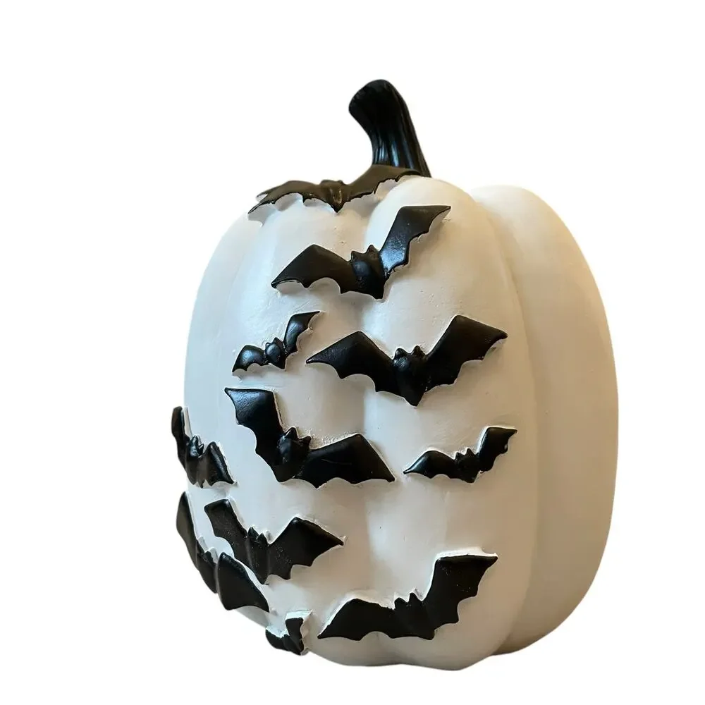 Black Flying Bats White Resin Pumpkin 12in Hauntingly Chic Halloween Decor NEW